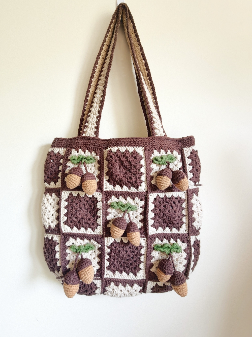 Handmade Crochet Brown & Cream Acorn Tote Bag
